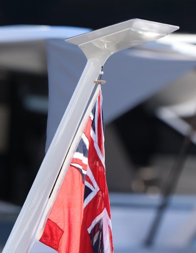 Side view of composite flagpole mount for Starlink antenna on Little Wing yacht