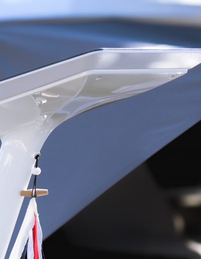 Side view of composite flagpole mount for Starlink antenna on Little Wing yacht