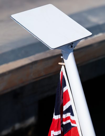Detail of composite Starlink flagpole mount fixing on Little Wing yacht