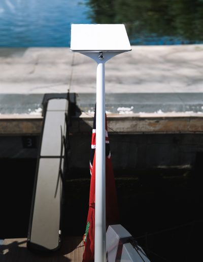 Starlink antenna installed on composite flagpole mount on Little Wing yacht